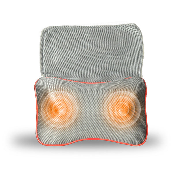 Massage pillow with mesh cover and glowing orange nodes on a white background RestUs Neck Pillow – Heated Deep Kneading Massage Pillow
