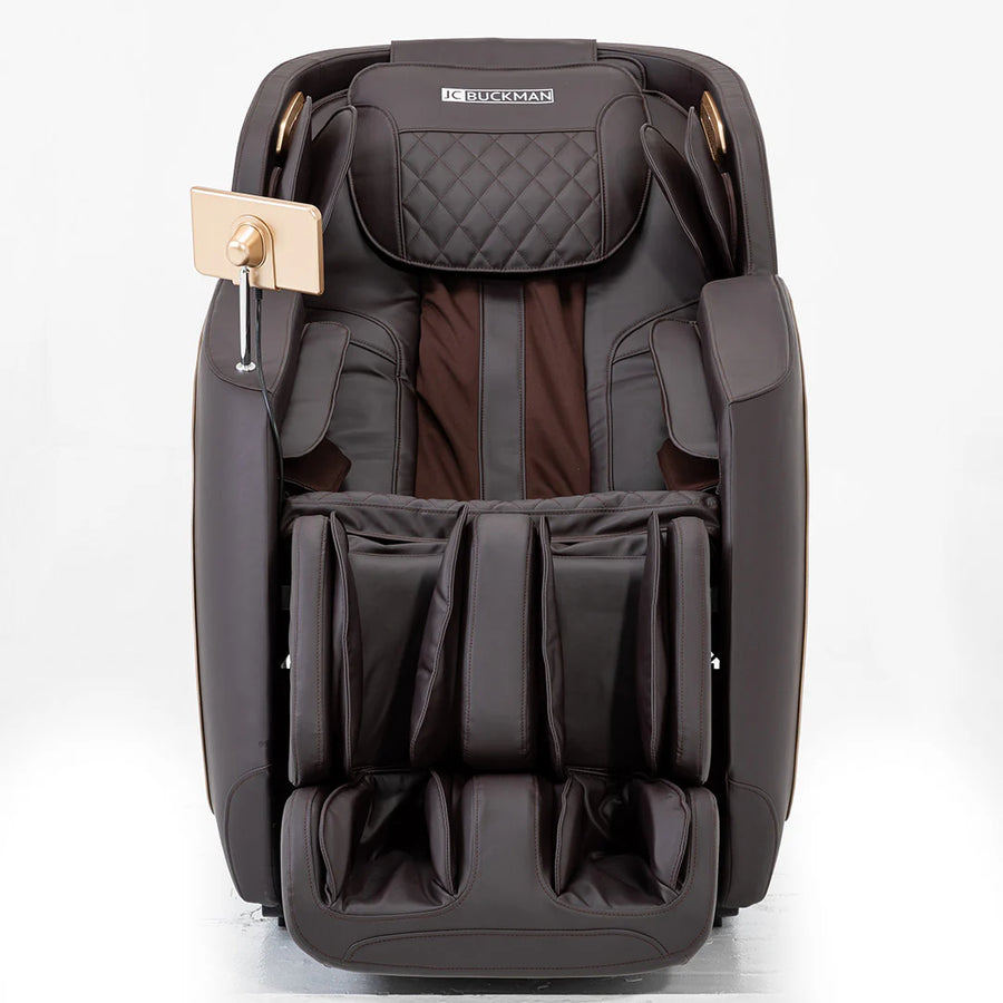 Massage chair with quilted design and visible Buckman logo on a white background | JC Buckman RejuvenateUs 3D Massage Chair