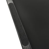 Close-up of a black screen protector with textured edge on a white background treadmills