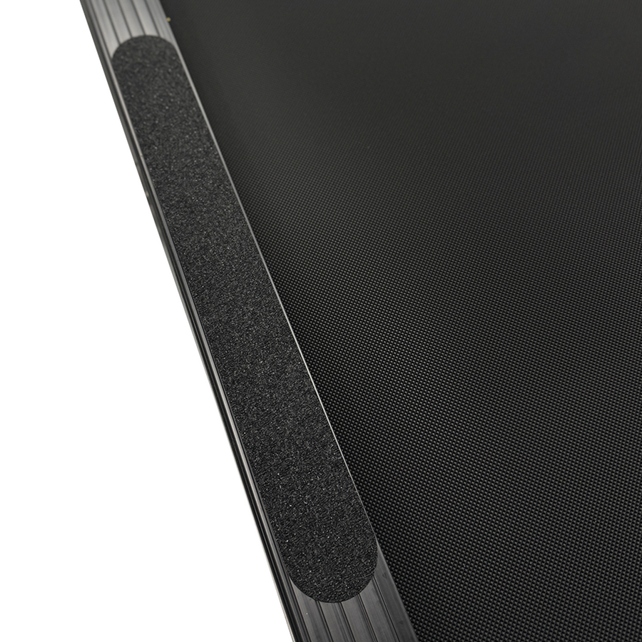 Close-up of a black screen protector with textured edge on a white background treadmills