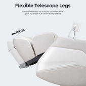 Massage chair with flexible telescope legs and text highlighting their feature.