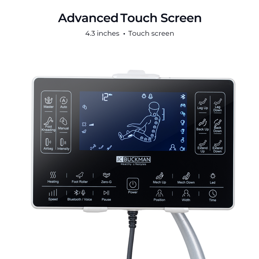 Touch screen control panel with various functions and J.C. Buckman branding on a white background.