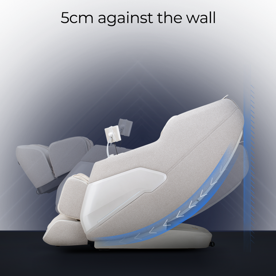 White massage chair with blue LED lights against a gradient background