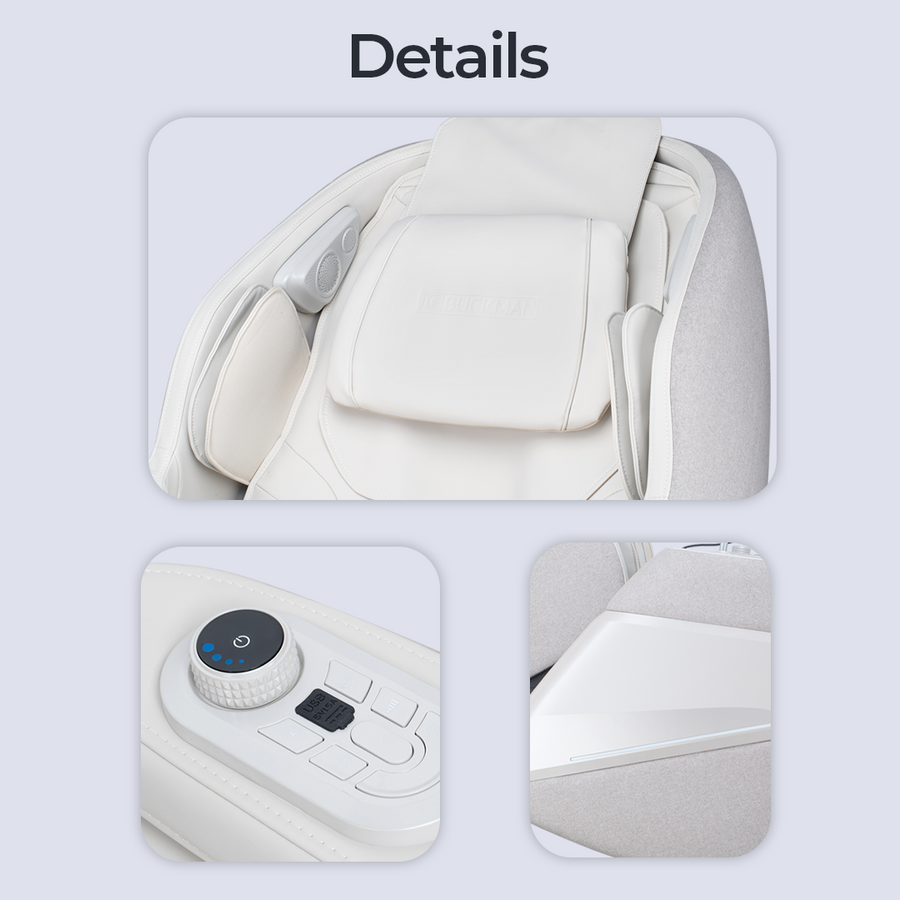 White massage chair with control panel on a light gray background