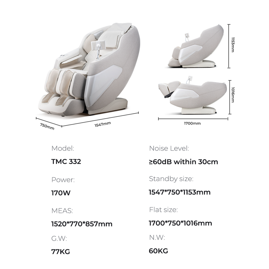 White massage chair with dimensions and specifications on a white background