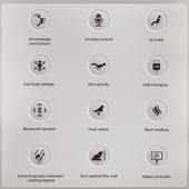 List of features with icons and text on a gray background