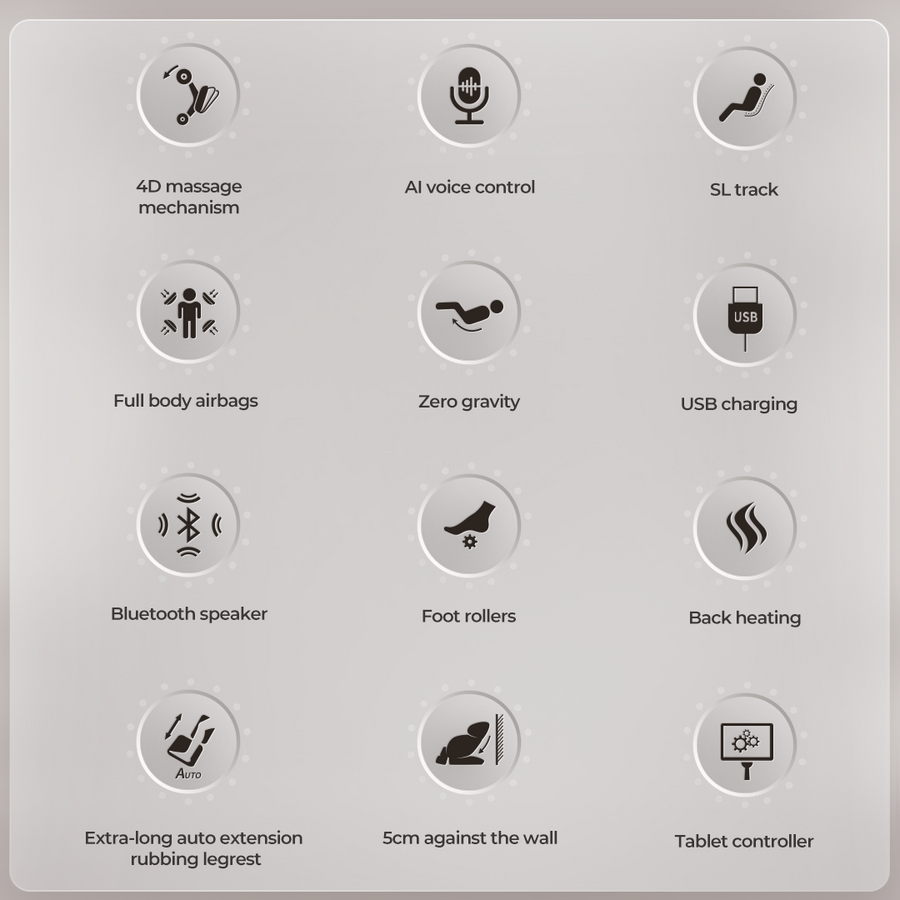 List of features with icons and text on a gray background