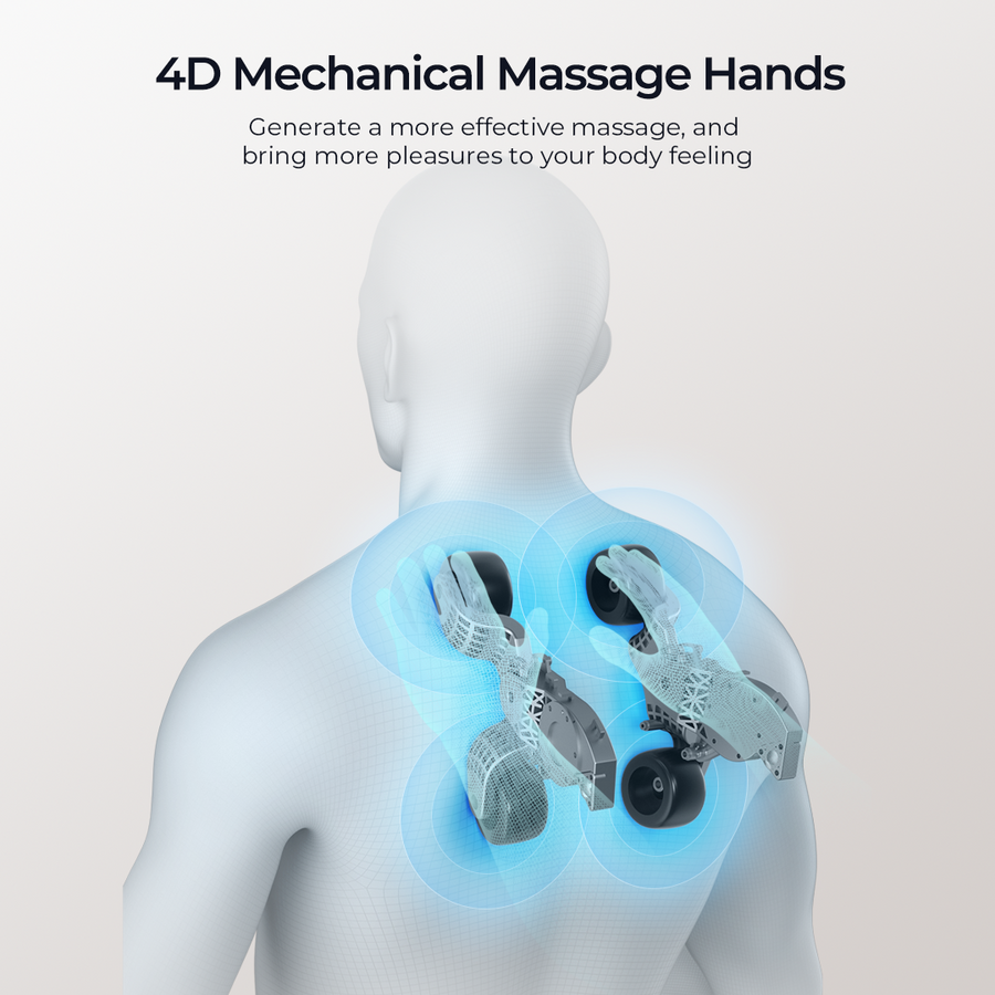 4D mechanical massage hands device on a person's back with text about effective massage Chair.