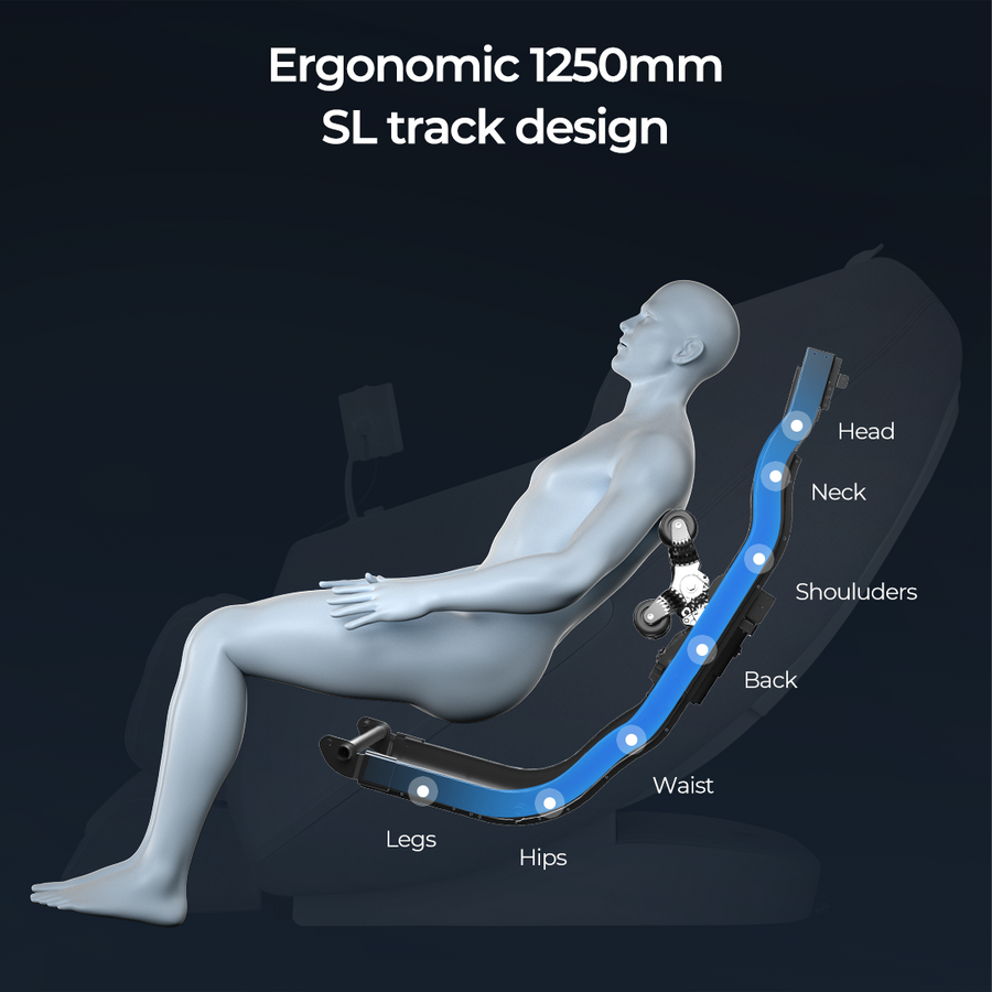 Ergonomic massage chair design with labeled parts on a dark background