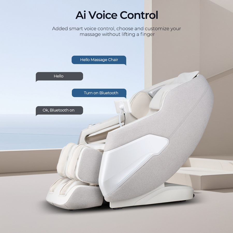 White massage chair with AI voice control features on a light background