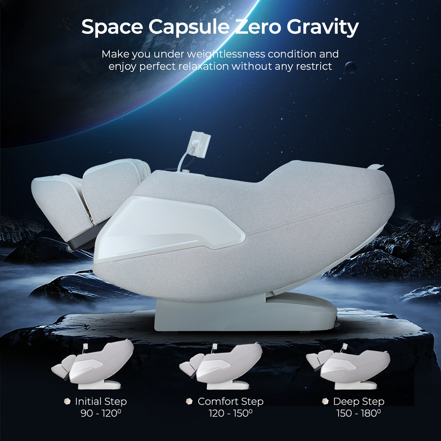 Space capsule zero gravity massage chair with Earth in the background
