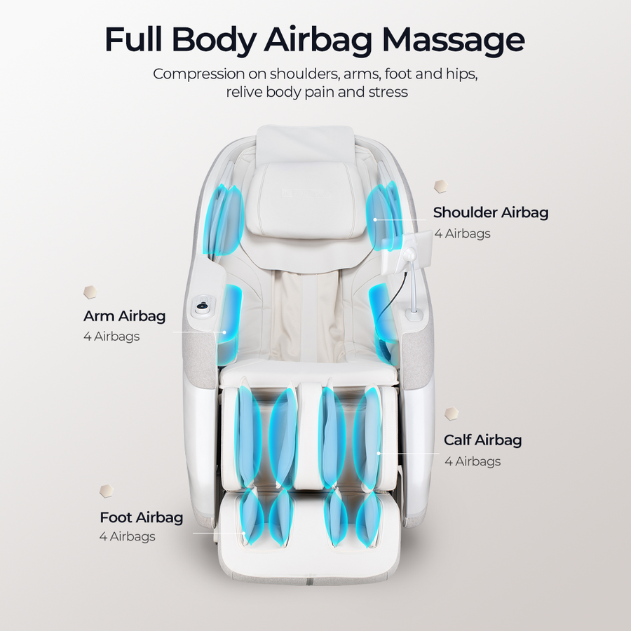 Massage chair with airbag distribution labeled on a light gray background