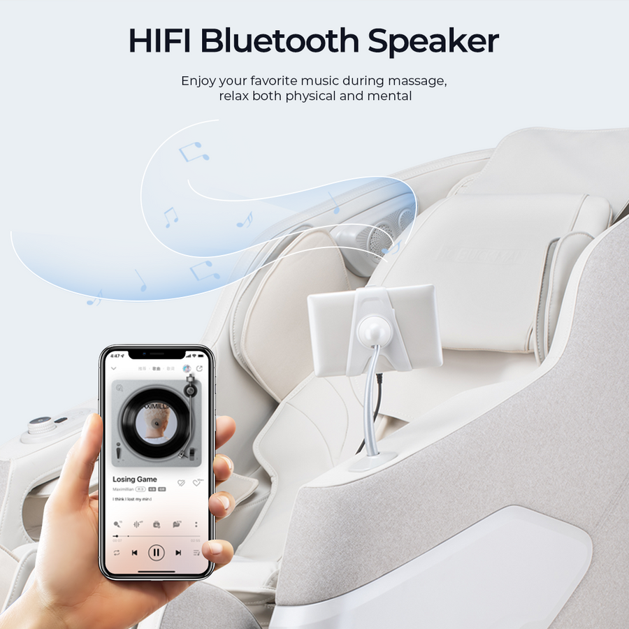 HIFI Bluetooth Speaker with massage chair and smartphone app interface on a white background