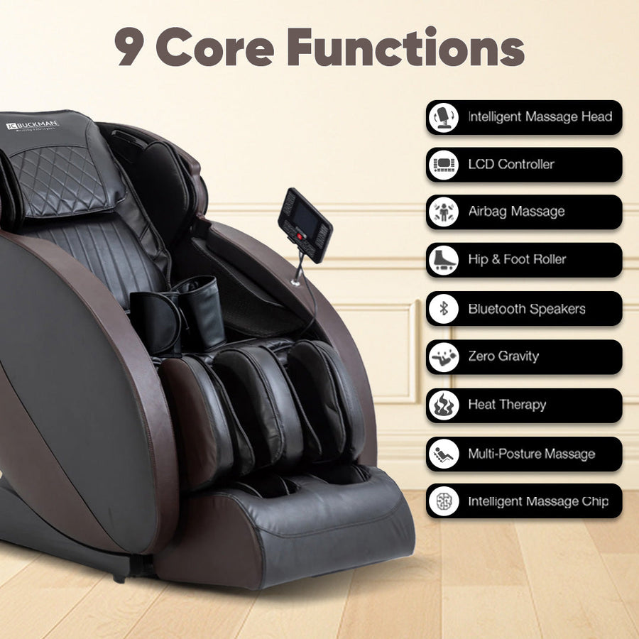 Massage chair with 9 core functions listed on a beige background | JC BUCKMAN IndulgeUs Full Body Massage Chair
