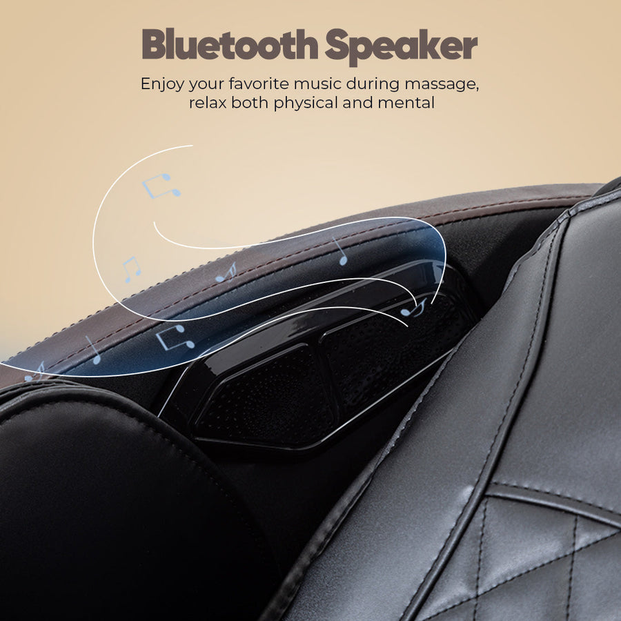 Bluetooth speaker embedded in a massage chair with text about music enjoyment during massage. | JC BUCKMAN IndulgeUs Full Body Massage Chair