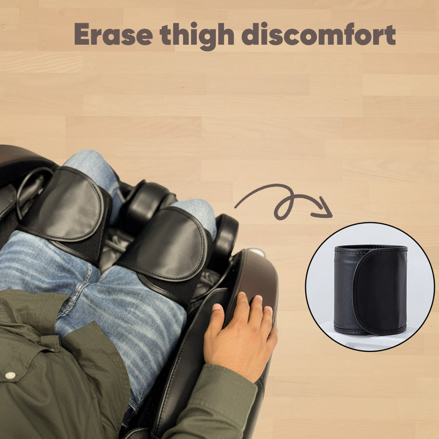 Person using a massage device on their thighs with text 'Erase thigh discomfort' on a beige background. | JC BUCKMAN IndulgeUs Full Body Massage Chair