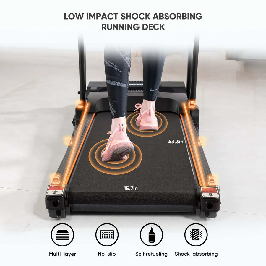 Treadmill with a person using it, highlighting low impact shock absorbing running deck feature.