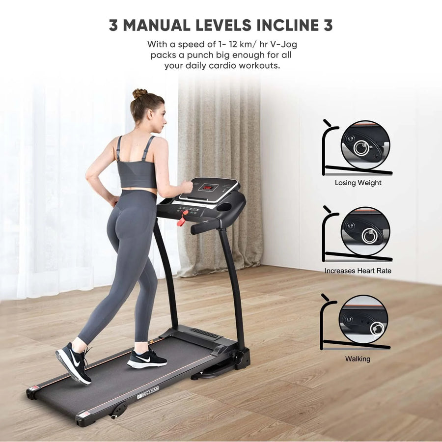 Woman using a treadmill with text about manual levels and incline features.