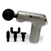 Massage gun with attachments on a white background, featuring the JC Buckman brand. JoyUs Mini Massage Gun – Deep Tissue Percussion Massager for Muscle Recovery
