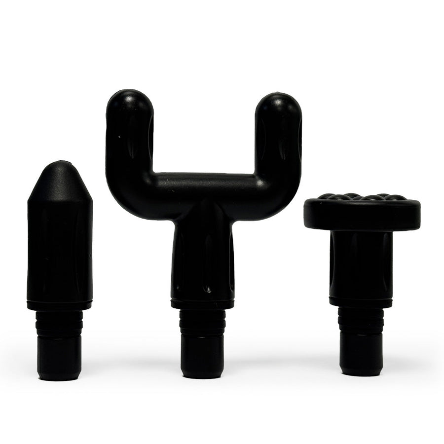 Three black plastic components on a white background JoyUs Mini Massage Gun – Deep Tissue Percussion Massager for Muscle Recovery