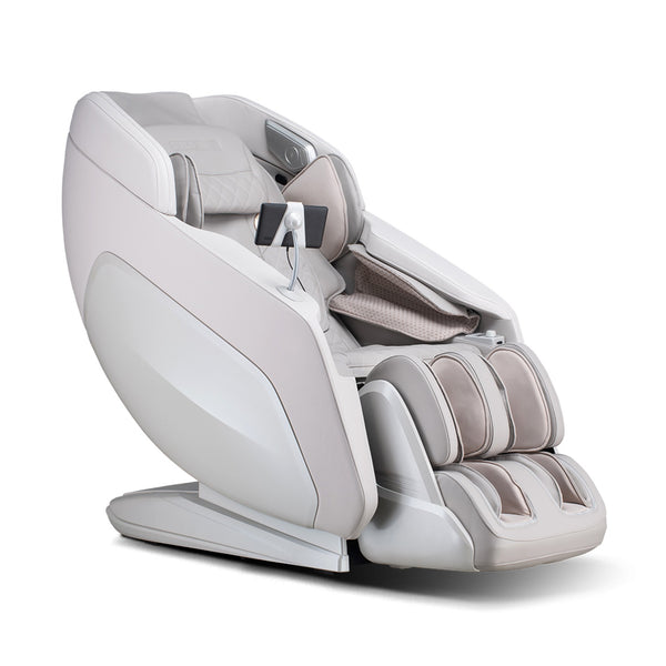 A gray JC Buckman luxury 4D massage chair with LED touch screen control and extendable footrest.