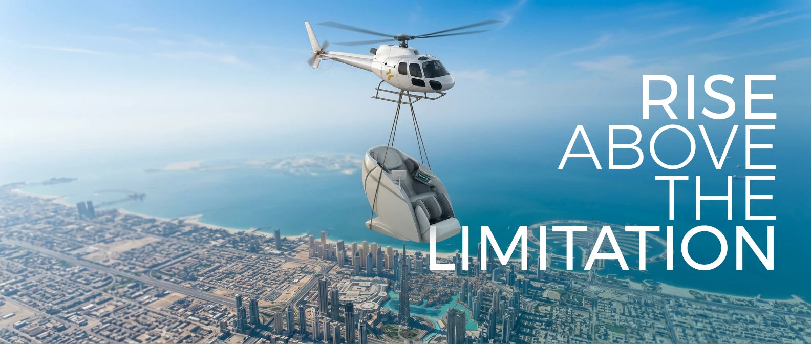 JC Buckman massage chair flying above Dubai beneath a helicopter. Rise Above the Limitation.